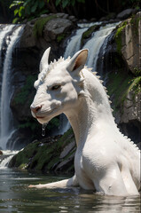 White dragon bathing in waterfall
