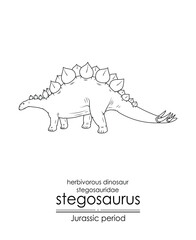 Stegosaurus, herbivorous, armored dinosaur from the Jurassic period. Black and white line art, perfect for coloring and educational purposes.