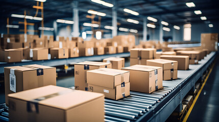 An Engaging Image of Cardboard Box Packages Seamlessly Moving Along a Conveyor Belt in a Busy Warehouse Fulfillment Center, Highlighting the Efficiency and Automation That Powers Modern E-commerce