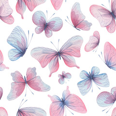 Fototapeta na wymiar Butterflies are pink, blue, lilac, flying, delicate with wings and splashes of paint. Hand drawn watercolor illustration. Seamless pattern on a white background, for design.
