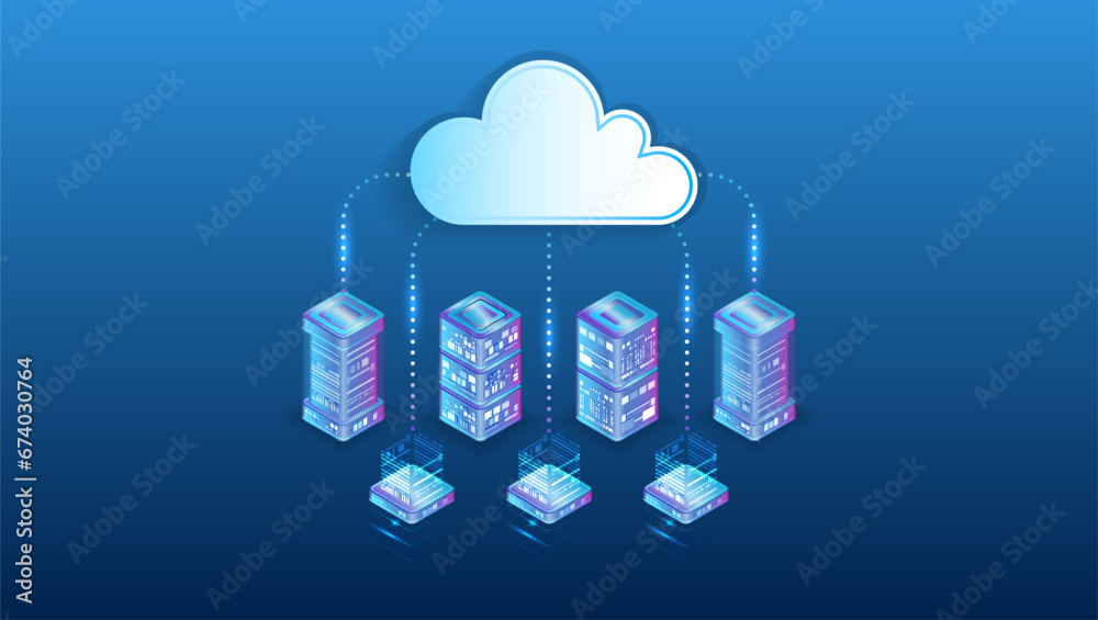 Poster Cloud technology isometric background. Computer technology, server room, and equipment for internet networks. Data cloud storage technology. Database and data center vector illustration.