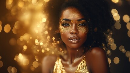 African American women, gold glittering dress on gold glitter background, looking at camera
