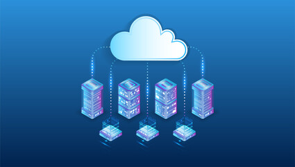 Cloud technology isometric background. Computer technology, server room, and equipment for internet networks. Data cloud storage technology. Database and data center vector illustration.