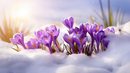 spring crocus flowers in the snow, sunlit