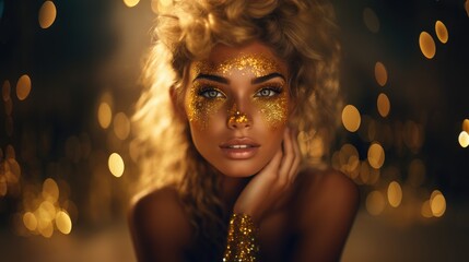 blonde women, gold glittering dress on gold glitter background, looking at camera - obrazy, fototapety, plakaty