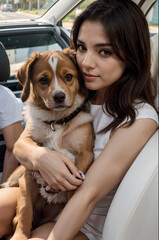 Cute girl holding her dog on her lap