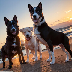 three dogs on the beach