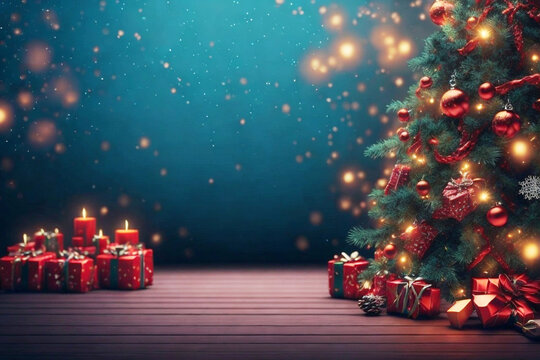 Christmas tree with presents and candles on a wooden table. Christmas background.