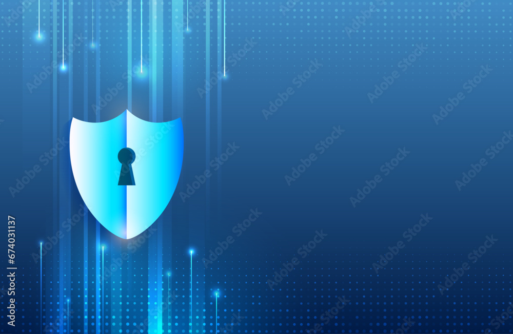 Poster Abstract high tech background. Data security system, information, or network protection. Cyber security and data protection. Shield icon, future technology for verification.