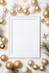 Fototapeta na wymiar white frame with golden christmas ornaments