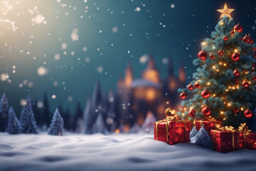 Christmas and New Year background with Christmas tree, gifts and decorations.