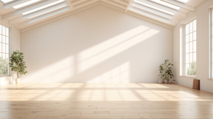 an airy room with a light wooden floor and white walls and a large skylight in the ceiling - obrazy, fototapety, plakaty