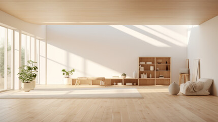 an airy room with a light wooden floor and white walls and a large skylight in the ceiling