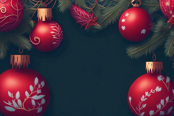 Christmas background with red baubles and fir branches on blackboard