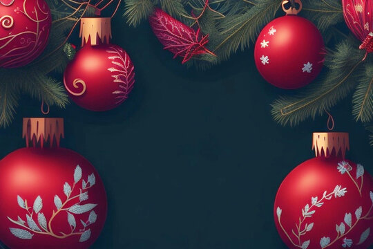 Christmas background with red baubles and fir branches on blackboard