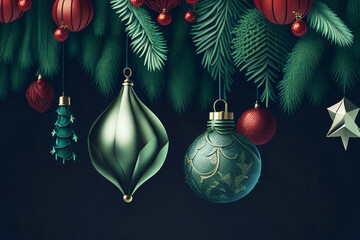 Christmas tree branches with baubles on dark background. 3D illustration.