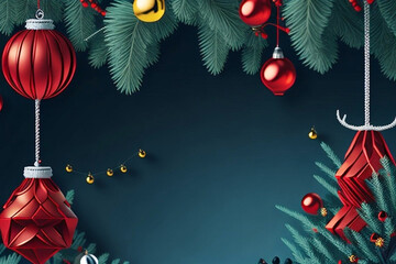 Christmas background with fir branches, Christmas balls and decorations. Vector illustration