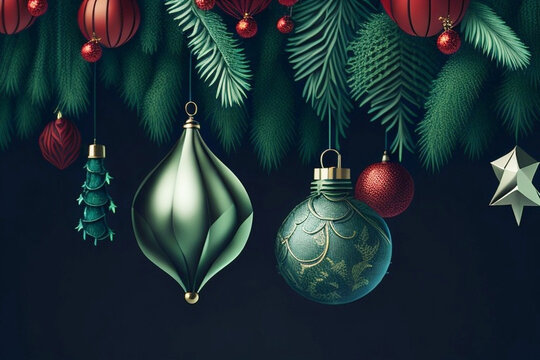 Christmas tree branches with baubles on dark background. 3D illustration.
