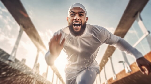 A determined male runner races across the stadium field.