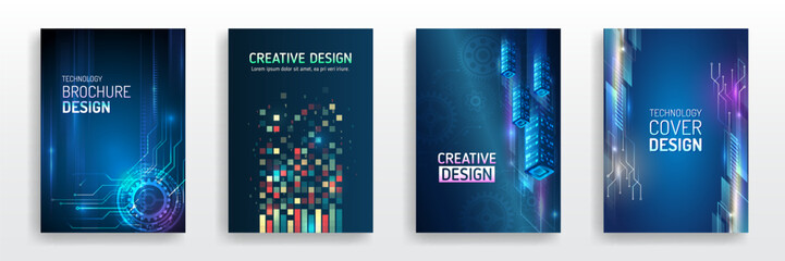 Technology covers corporate documents. Layout template science designs. Brochure, flyer, book, annual report. Blue hi-tech vector illustrations for business presentations. Futuristic business posters.