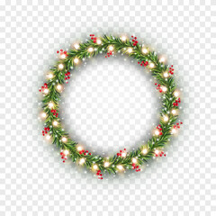 Christmas tree round border with green fir branches, red berries and gold lights isolated on transparent background. Pine, xmas evergreen plants frame or circle banner. Vector ring garland decoration