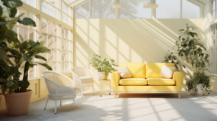 an airy sunroom with pale yellow walls and white tile floors and a large skylight overhead - obrazy, fototapety, plakaty