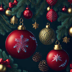 Christmas background with red and golden baubles and fir tree branches