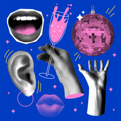 Set of halftone hand holding drink, lips, ear, smile, disco ball. Retro set of halftone Christmas and New Year design elements. Trendy modern newspaper collage. Party time. Holiday celebration.