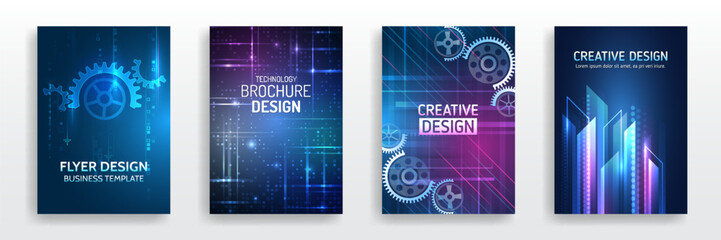 Futuristic design for medical, scientific, computer flyers, brochures, and webinar pages. High-tech corporate document cover design. Blue set of hi-tech covers for presentation and marketing. - obrazy, fototapety, plakaty