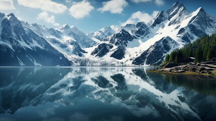 beautiful and crystalline lake where the snow-capped mountains are reflected