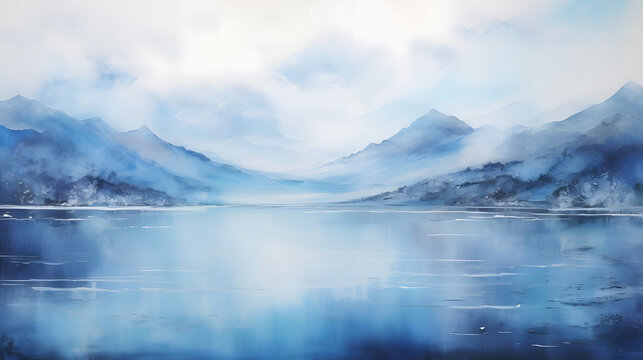 Sapphire Waterscape Serenity, Lake in front of Mountains, snowy landscape with snow, abstract landscape art, drawing, generative ai