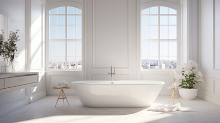 Fototapeta na wymiar an all-white bathroom with a freestanding tub and a standing shower and a double vanity with marble countertops