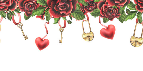 For Valentine's Day, red roses with a gold key, lock and heart suspended on ribbons. Hand drawn watercolor illustration. Seamless border on a white background