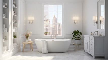 an all-white bathroom with a freestanding tub and a standing shower and a double vanity with marble countertops