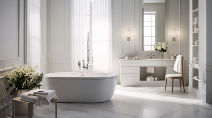 an all-white bathroom with a freestanding tub and a standing shower and a vanity with a marble countertop 
