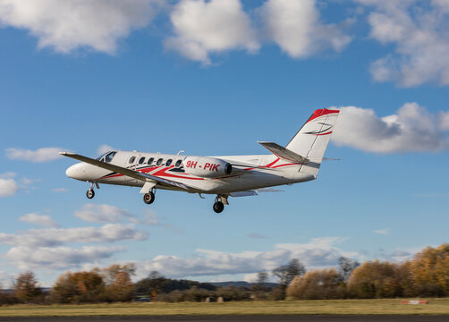 DLOUHA LHOTA, CZECH REPUBLIC - 11 Nov 2023. Cessna 550 Citation II. A Cessna Citation takes off at the airport in Dlouha Lhota. The Cessna Citation II are light corporate jets.