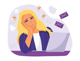 Young beautifully business woman stressed at workplace. Deadline, Frustrated, Tiredness, Exhausted, Overwork. Unhappy female clerk sitting at desk. Flat Vector Illustration