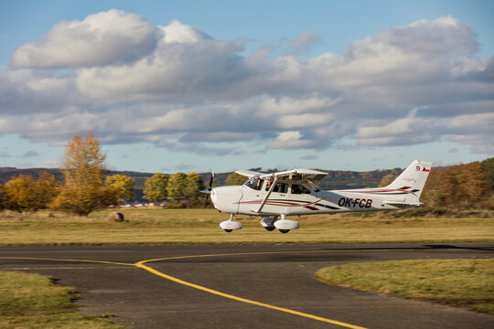 DLOUHA LHOTA, CZECH REPUBLIC - 11 Nov 2023. Cessna 172S Skyhawk SP takes off at the airport in Dlouha Lhota. The Cessna 172 Skyhawk is a light single-engine high-wing four-seat aircraft