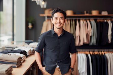 Portrait of Asian man in clothing store - obrazy, fototapety, plakaty