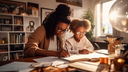 An afro mom helps her curious child with homework. A teacher helps a pupil with homework in classroom. - obrazy, fototapety, plakaty