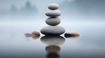 Fototapeta na wymiar balanced stones in water, minimalism, concept: Signpost in life, copy space, 16:9