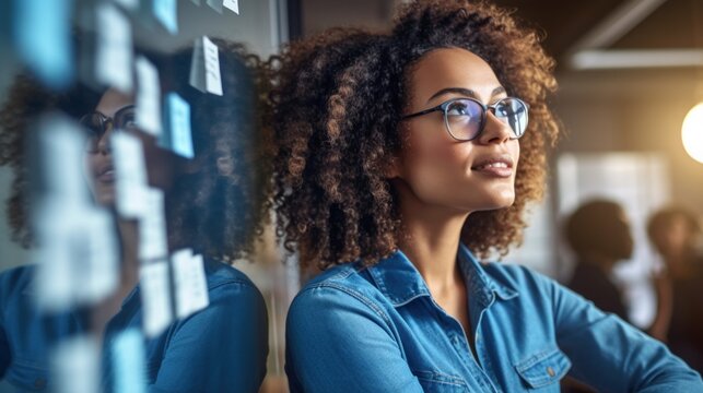 Afro woman entrepreneur and her team engage in a productive brainstorming session on a whiteboard, inspiring creativity and fostering a positive work atmosphere.