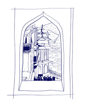 Beautiful line drawing of Reizen India. India. Agra Fort. modern flat style. postcards, cover, ruler, art.