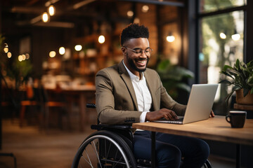 Focused black disabled man in wheelchair working with documents, using laptop at home office. Handicapped Afro man sitting at desk with computer, checking financial reports.