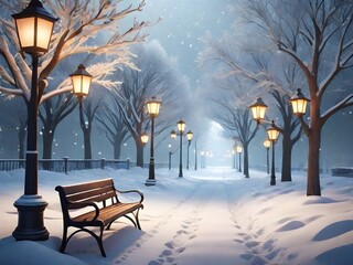 Winter city park with wooden bench, bare trees, blizzard and snowdrifts around, lanterns and town buildings skyline. Urban empty public garden landscape, snow fall under dull sky. Generative AI - obrazy, fototapety, plakaty
