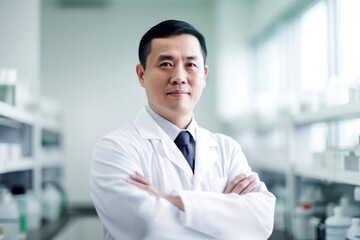 Chinese scientist with crossed arms in a modern laboratory