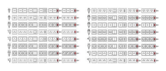 power outlet plug switch extension strip world standards set vector flat illustration - obrazy, fototapety, plakaty