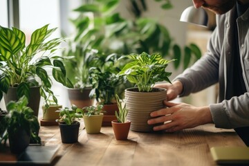 A man in a gray sweater tenderly caring for his indoor plants in a brightly lit room. - obrazy, fototapety, plakaty