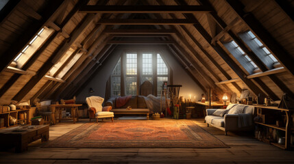 An attic is transformed into a warm and inviting space with a skylight and exposed beams