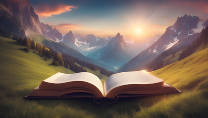 mountain valley in a light of sunrise on the pages of an open magical book